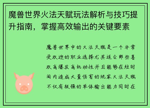 魔兽世界火法天赋玩法解析与技巧提升指南，掌握高效输出的关键要素